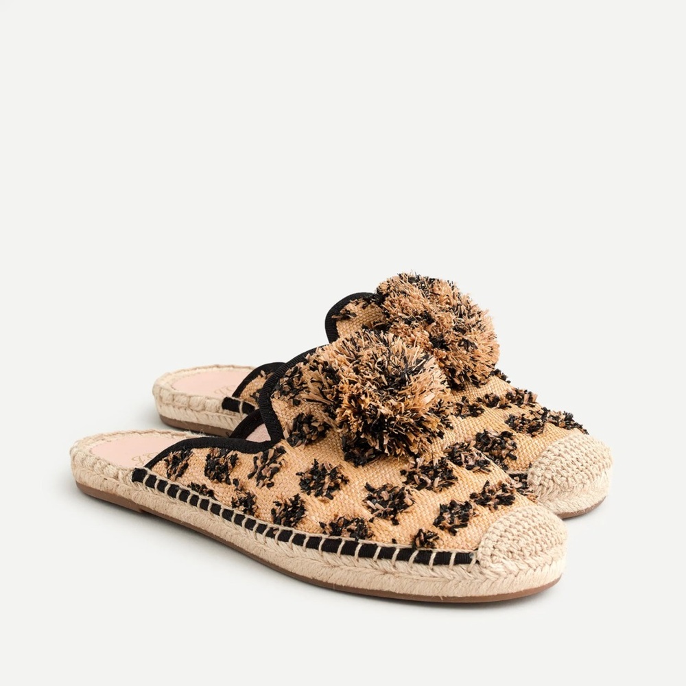 J. Crew New Leopard Raffia Espadrille Pom-Poms Mule Size 7.5